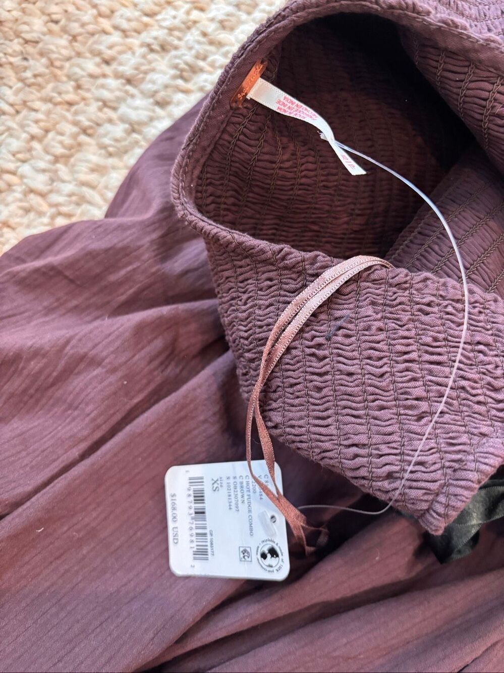 NWT Free People Nightingale Seersucker Midi Dress Plum Smocked Drop Waist, XS $1 - Picture 6 of 10